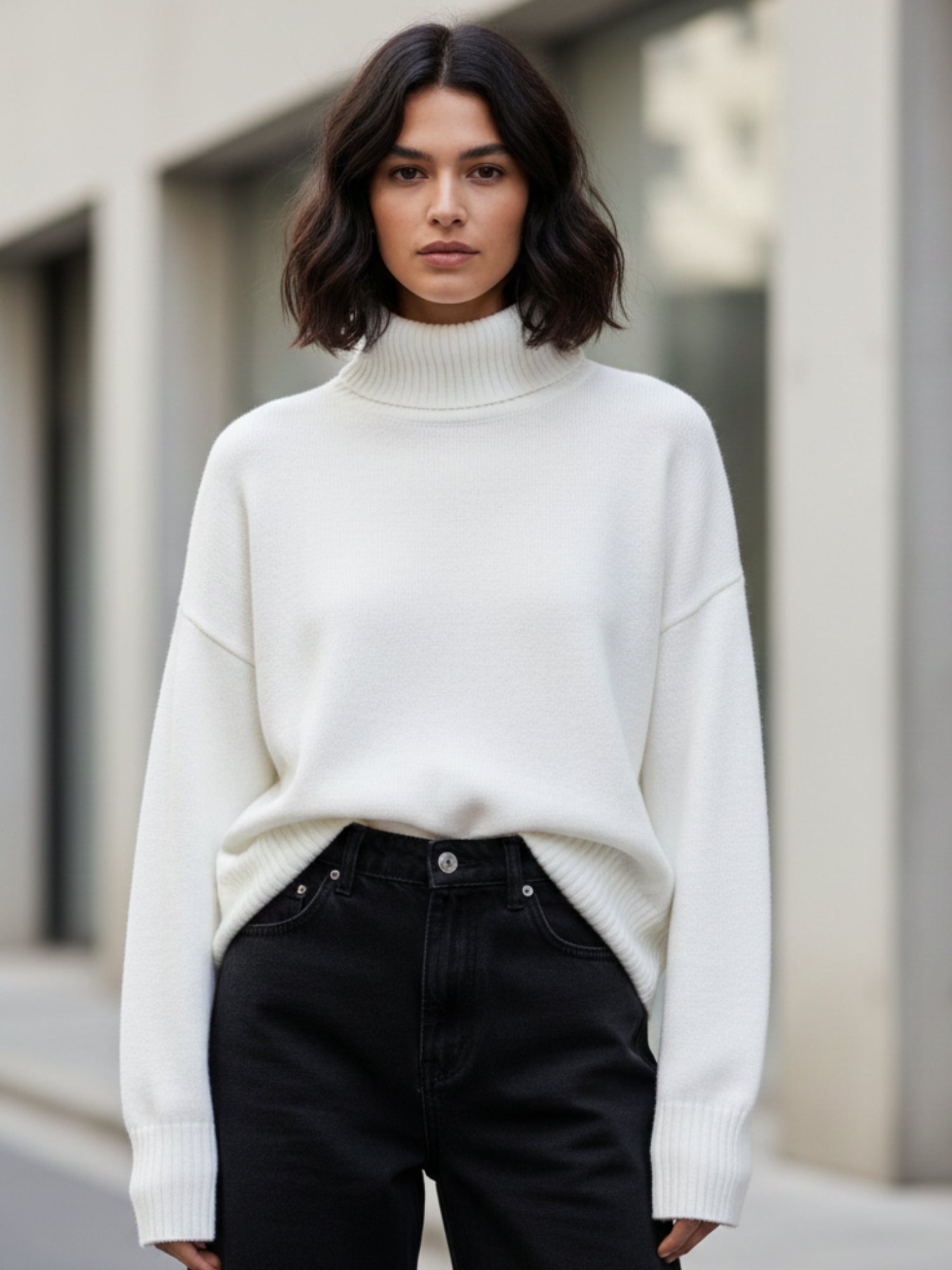 White Turtle Neck Oversized Solid Sweater