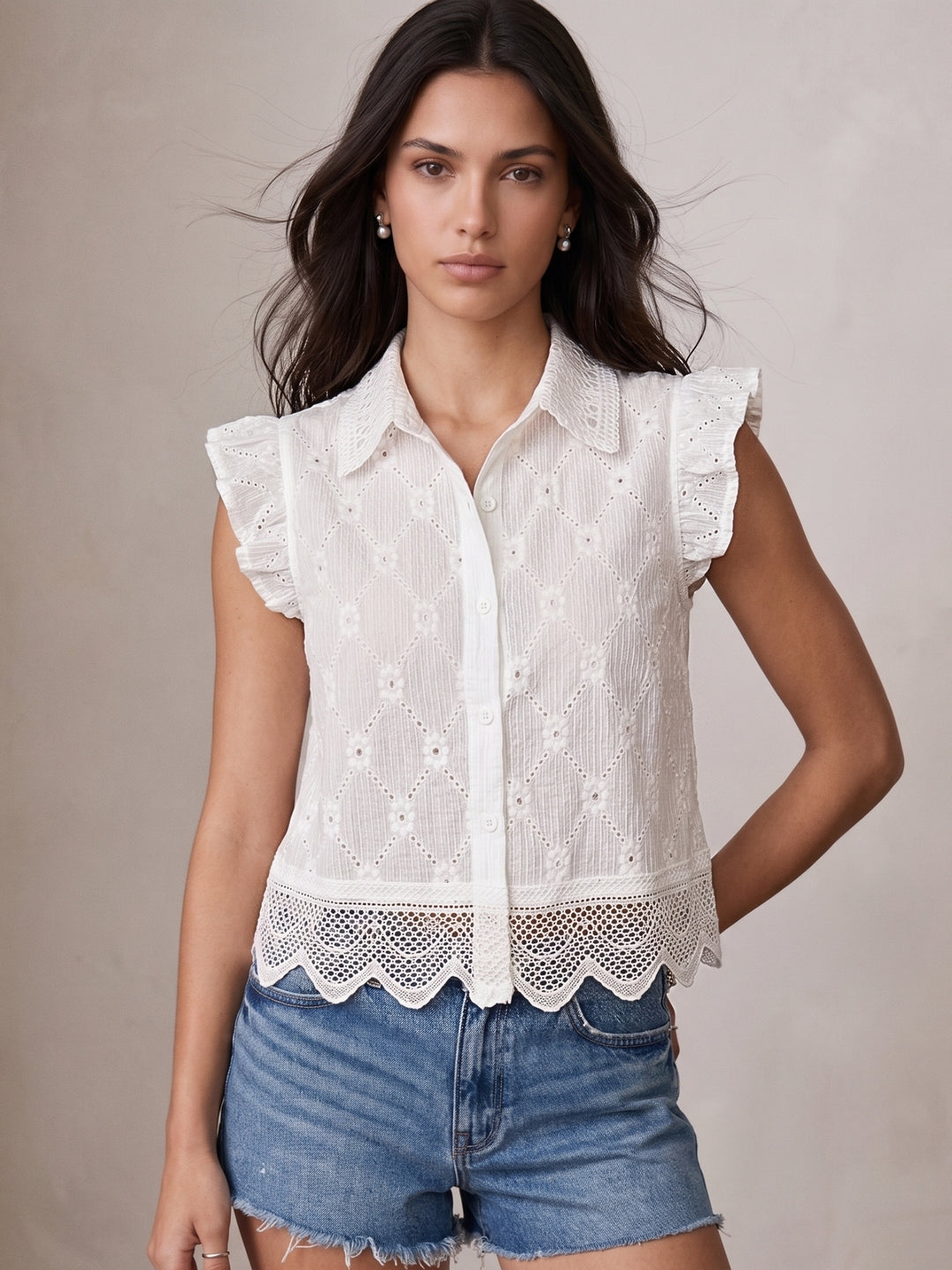 White Ruffle Sleeve Schiffli Top