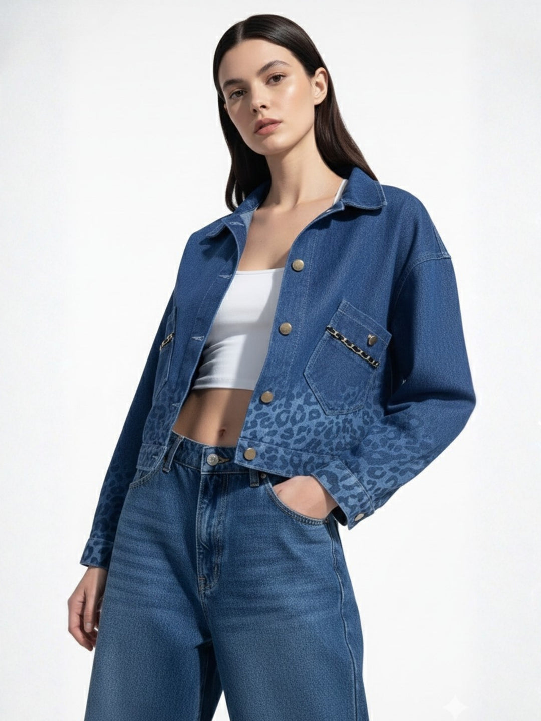 Navy Blue Printed Monochrome Denim Jacket