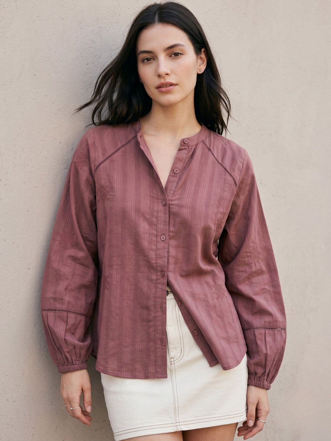 Purple Relaxed Fit Long Sleeves Embroidered Shirt