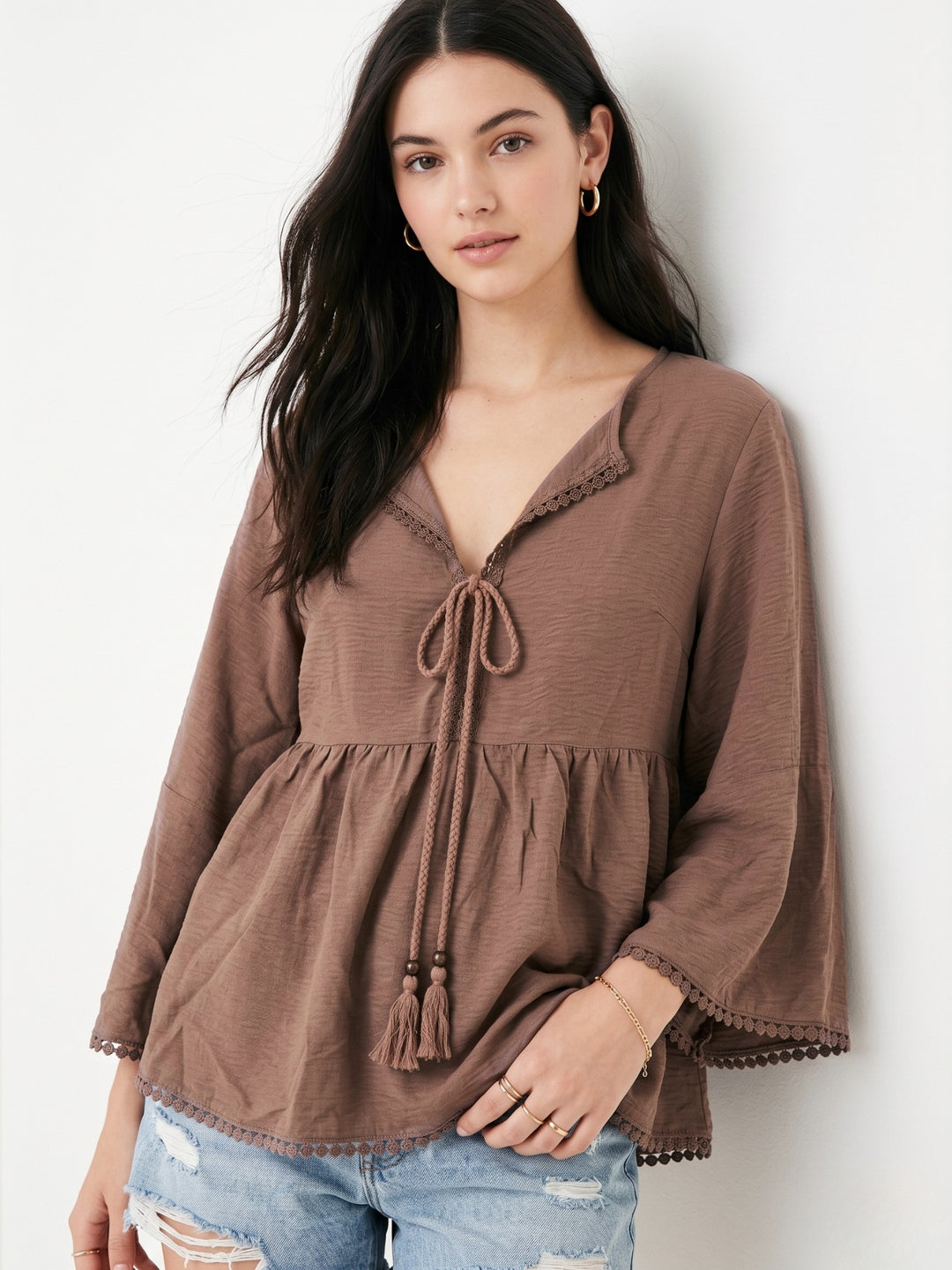 Brown Full Sleeve V Neck Relaxed Dress