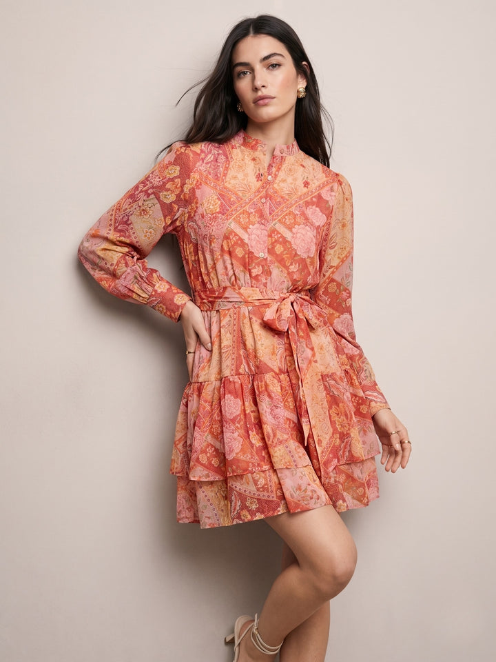 Orange Mini Length Tier Dress With Band Collar And Half Placket