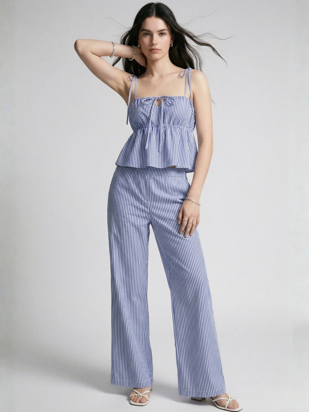 Blue Shoulder Tie-Up Top And Pant Set