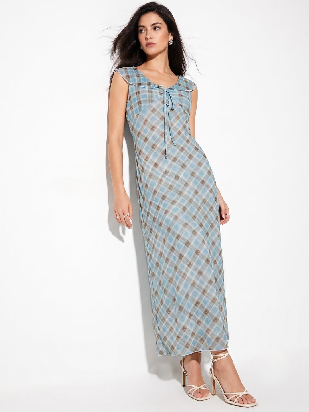 Light Blue Checkered Maxi Dress With Ruffled Neck