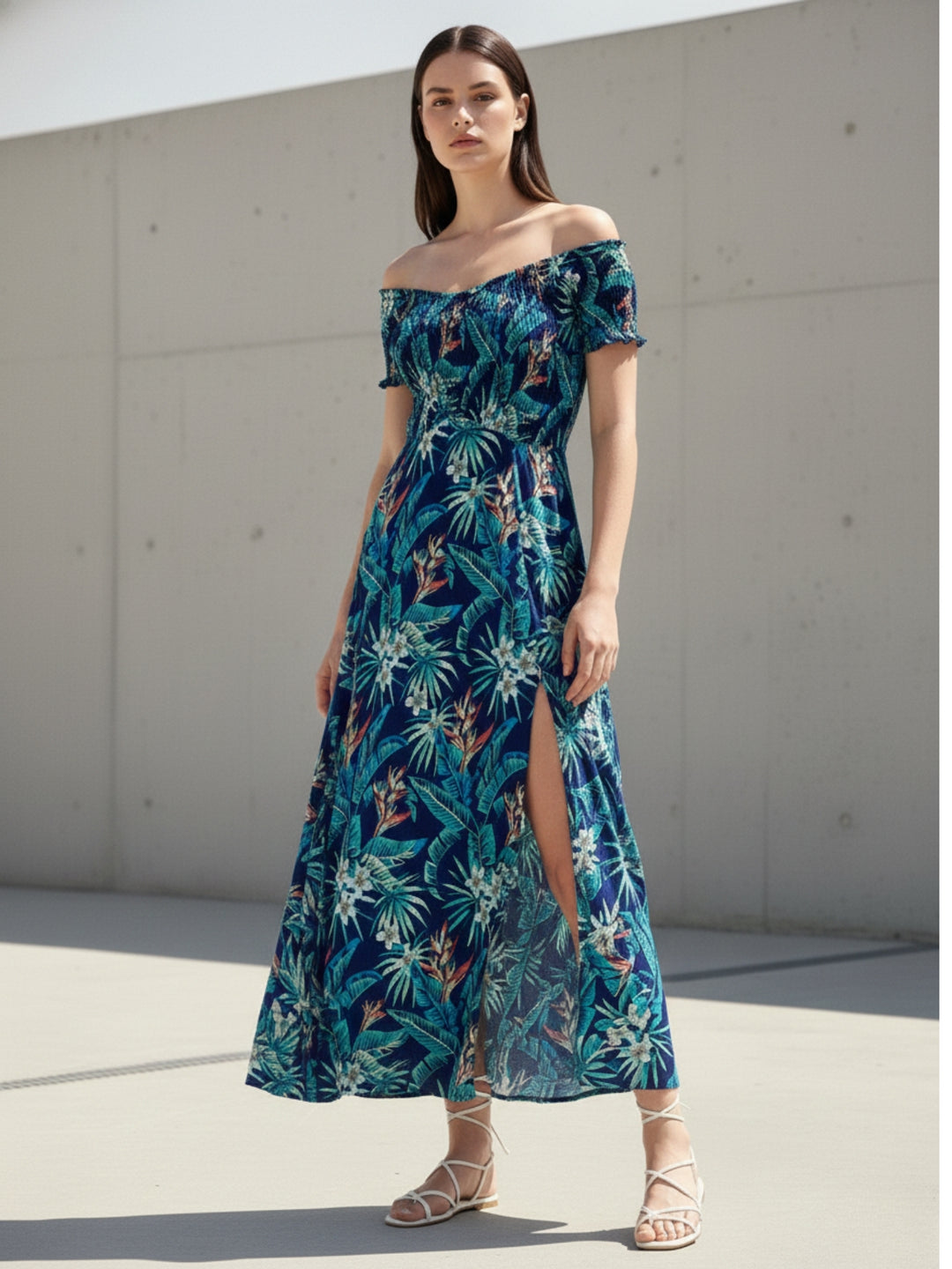 Blue Off Shoulder Printed Dress