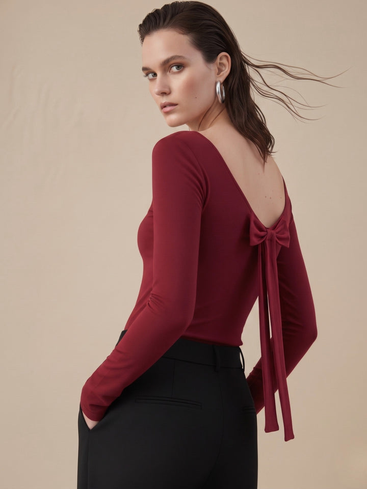 Red Back Scoop Neck With Bow Detail Top