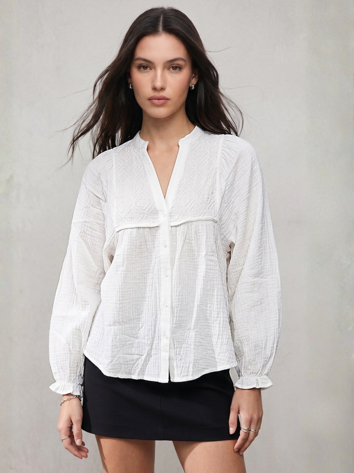White Bishop Sleeve Front Buttoned Embroidered Top