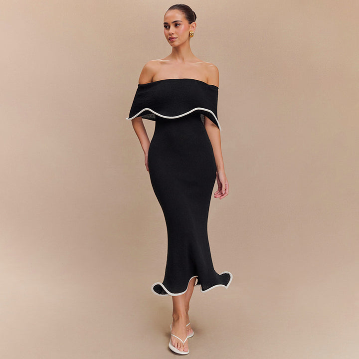 Black Off Shoulder Scallop Contrast Hem Dress