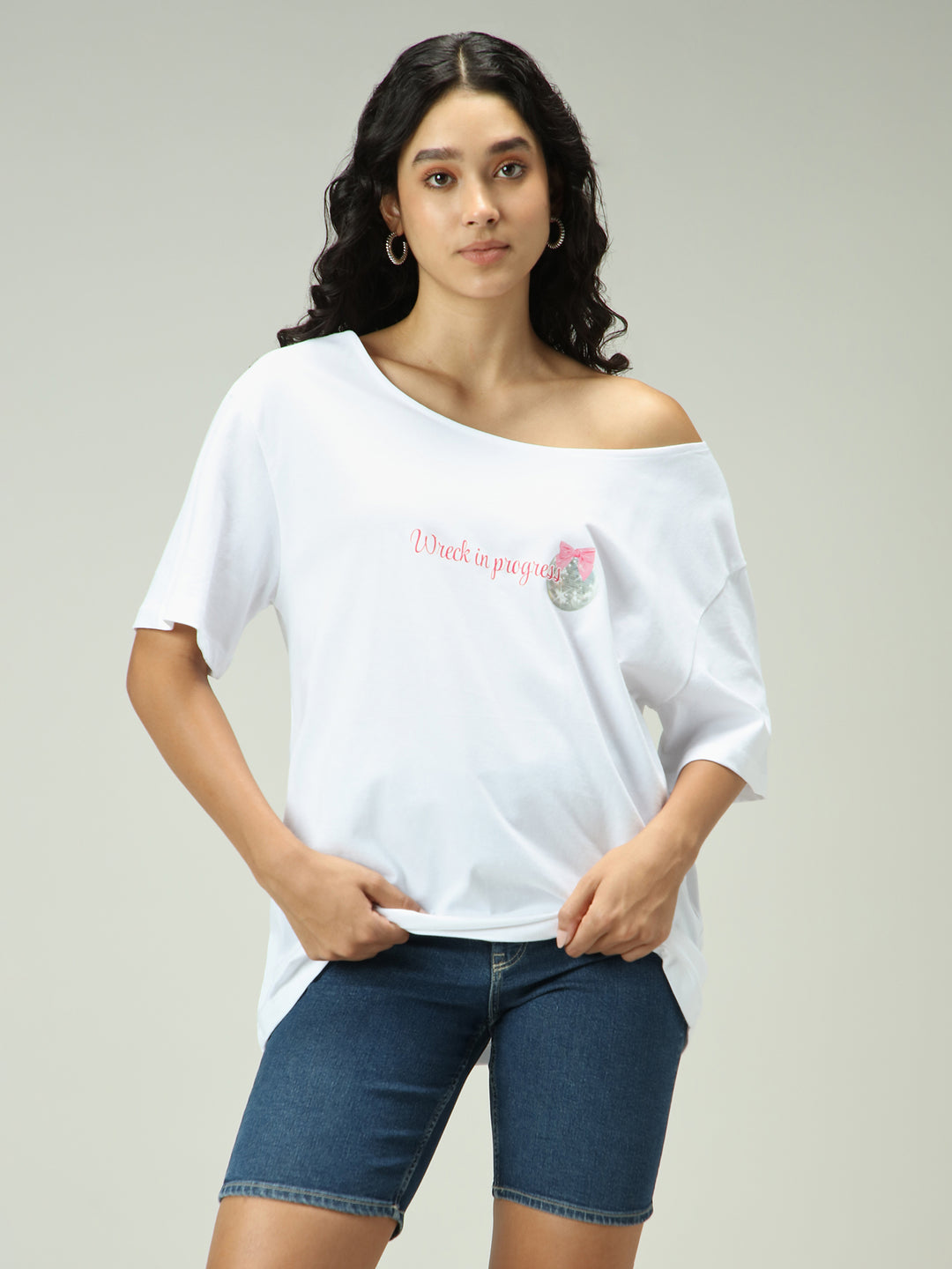 White One Shoulder Graphic T-Shirt