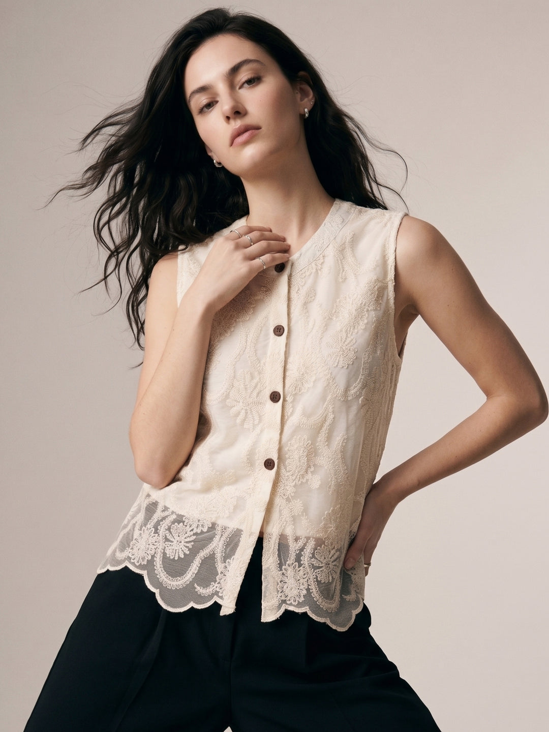 Off White Sleeveless Front Buttoned Lace Top