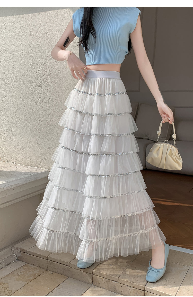 White Solid Tiered Skirt With Tonal Borders