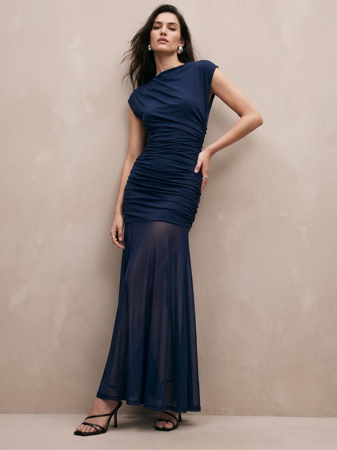 Navy Blue High Boat Neck Fitted Dress