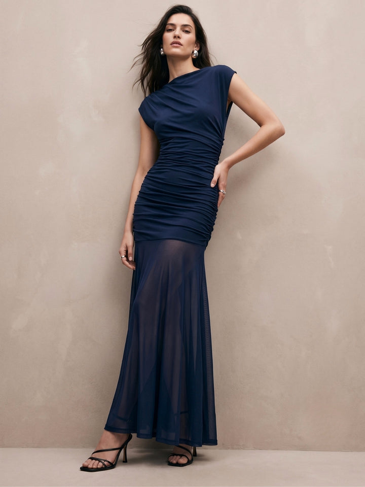 Navy Blue High Boat Neck Fitted Dress