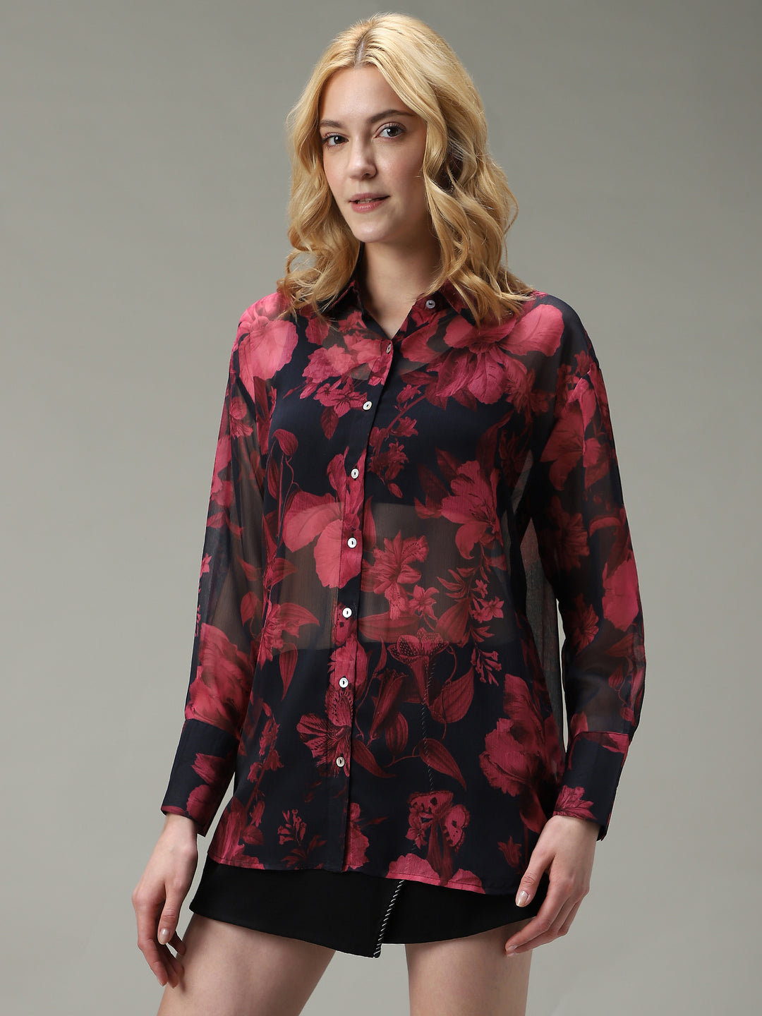 Black Floral Printed Longline Shirt
