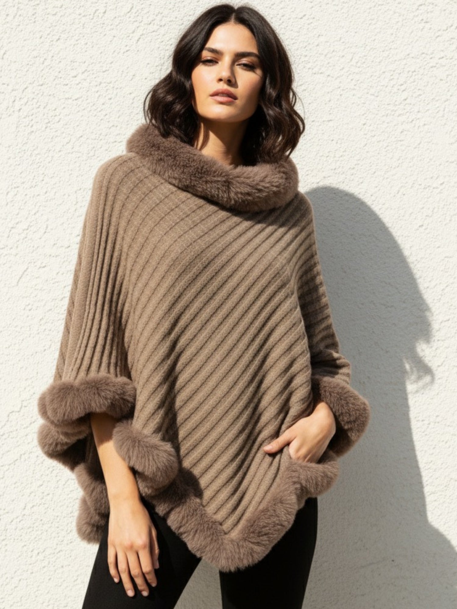 Coffee Furry Asymmetrical Hem Sweaters