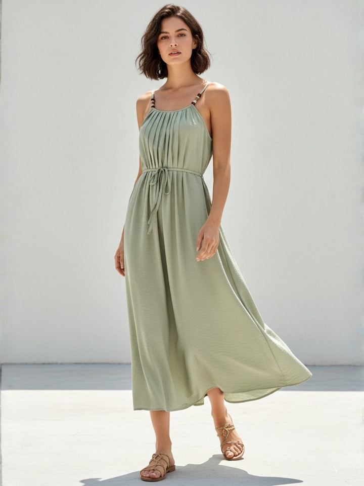 Green Spaghetti Strap Waist Tie-Up Flared Dress