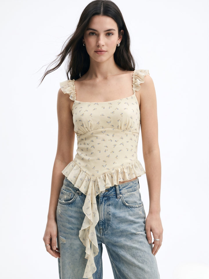 Yellow Ruffle Detail Floral Print Top