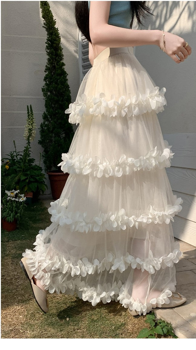 Cream Scrunched Ruffles Tiered Skirt