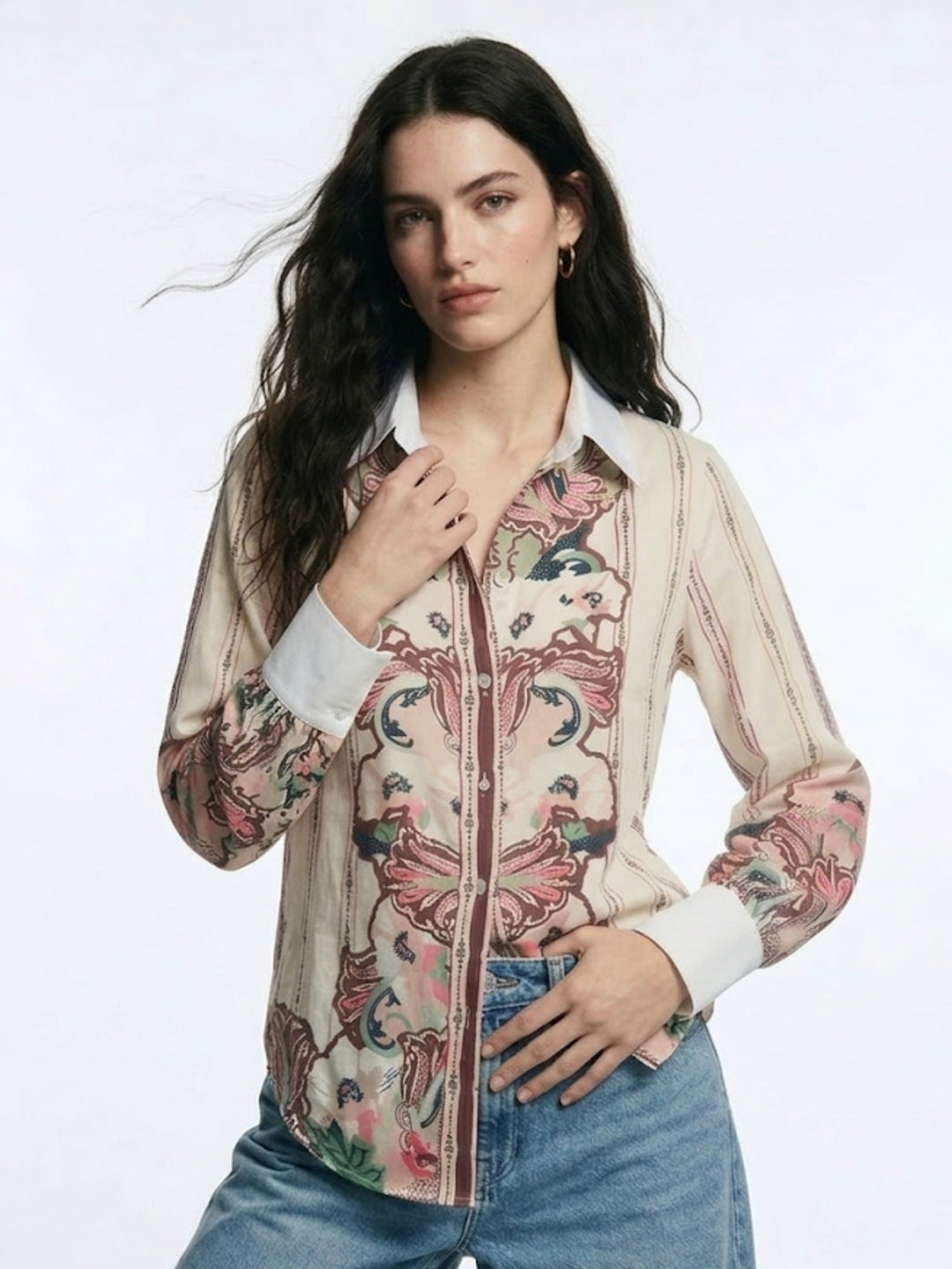 Cream Placement Printed Collared Button Down Shirt