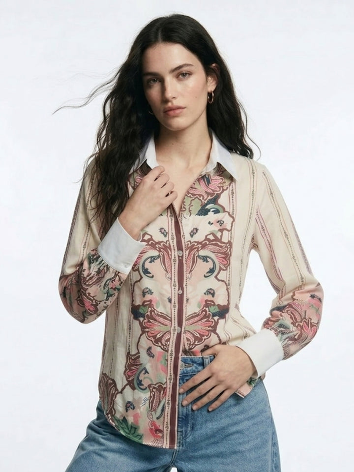 Cream Placement Printed Collared Button Down Shirt