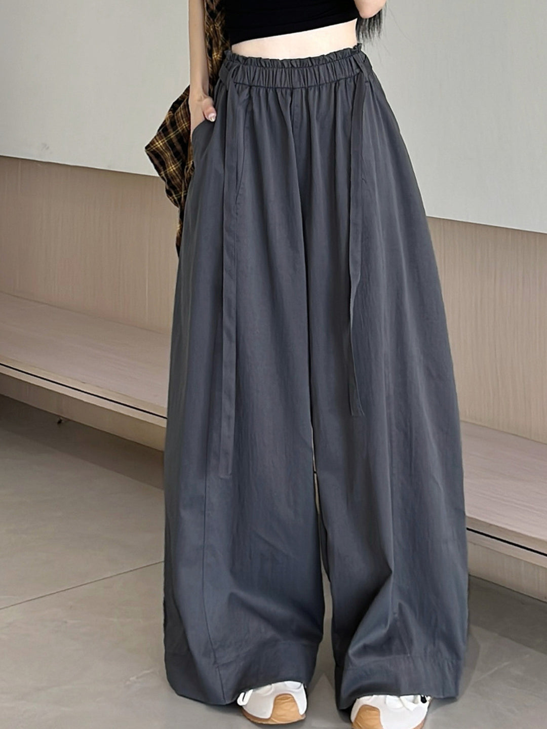 Charcoal High Waist Pleated Wide Leg Pant