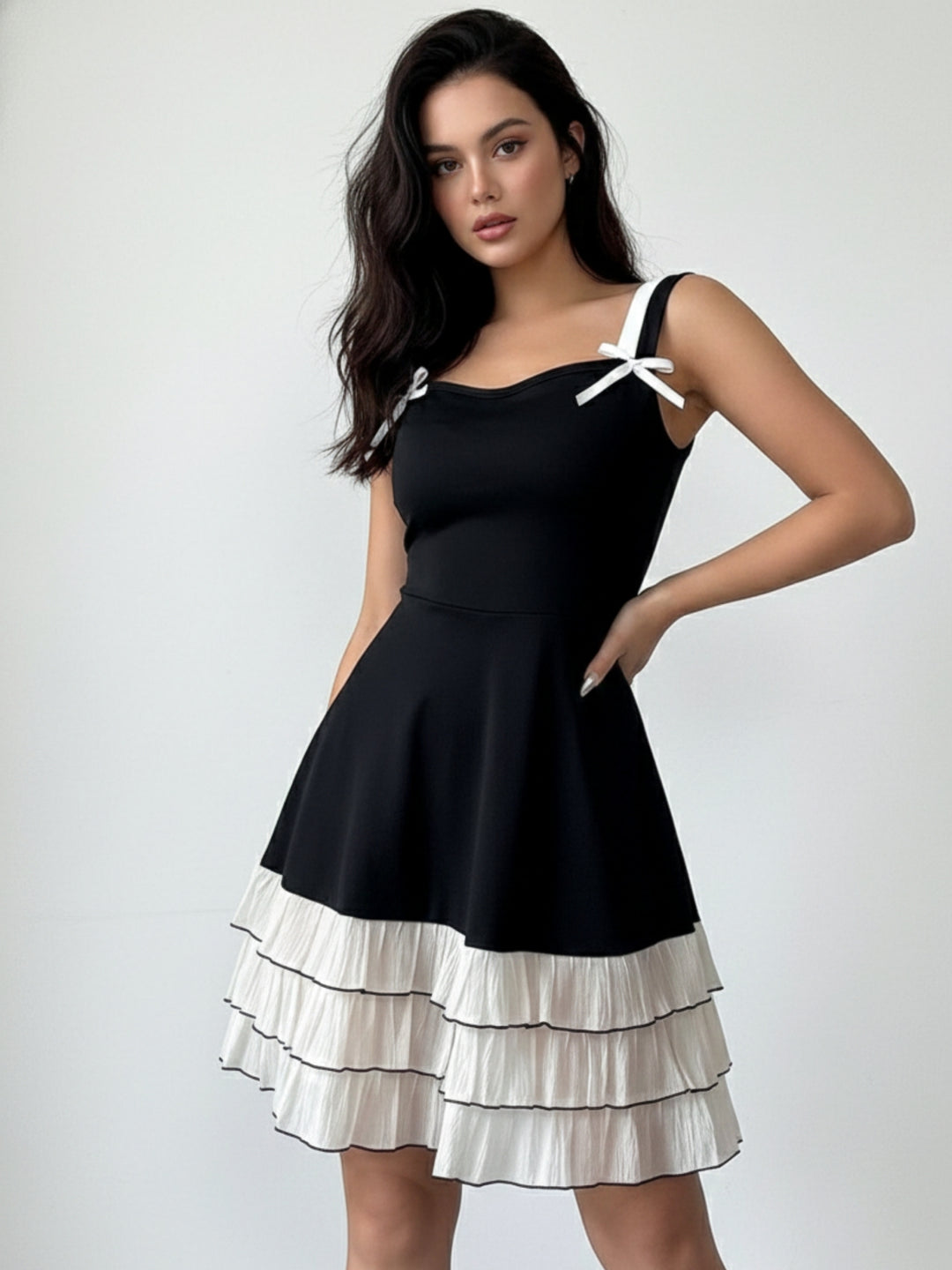 Black Mini Dress With Contrast Ruffled Hem And Bows On Straps
