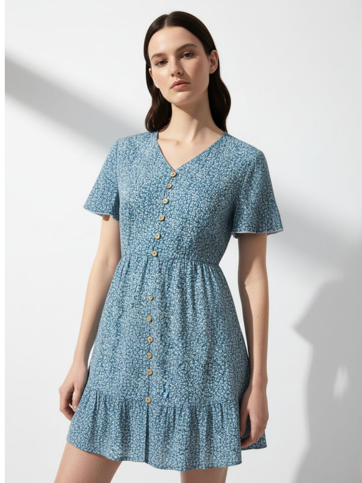 Blue Bell Sleeve V Neck Tiered Dress