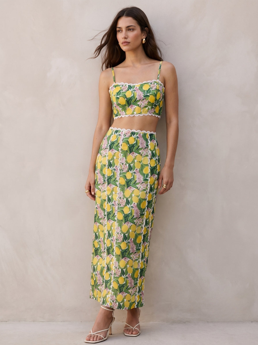 Green Floral Printed Top And Skirt Set