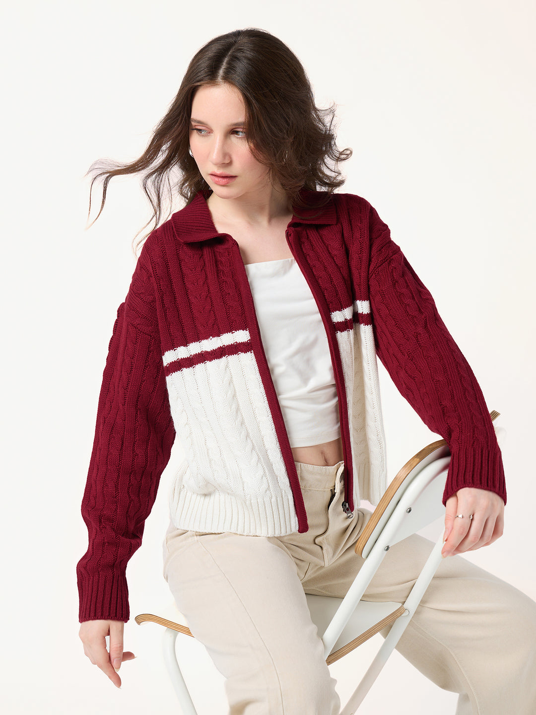 Red Colourblock Chunky Cardigan