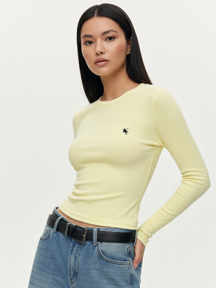 Yellow Full Sleeve Round Neck Crop Top