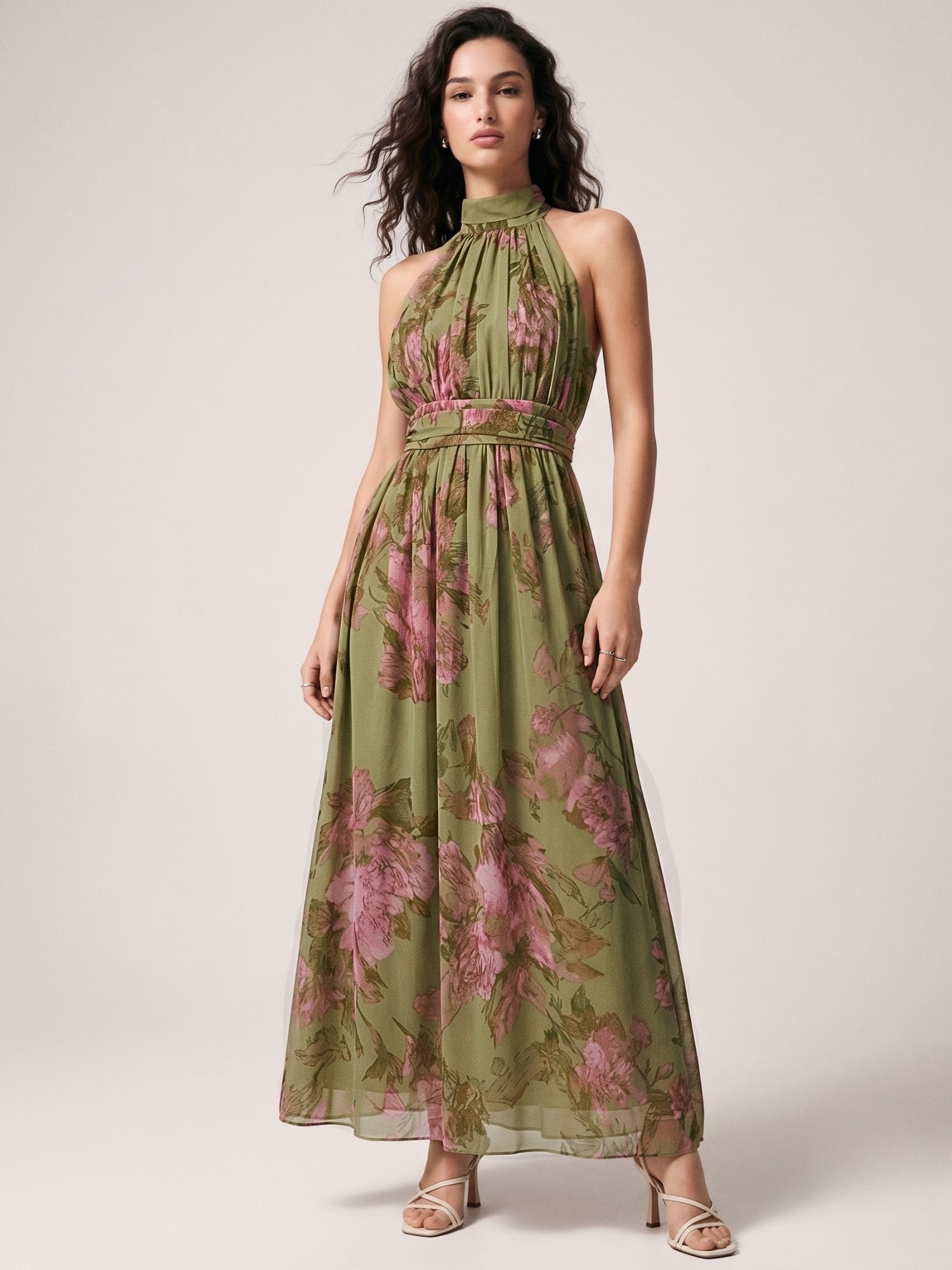 Green Halter Neck Printed Dress With Cinched Waist