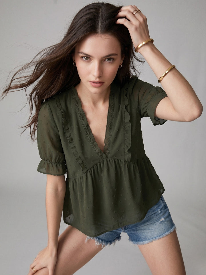 Green Ruffle Sleeve V Neck Top