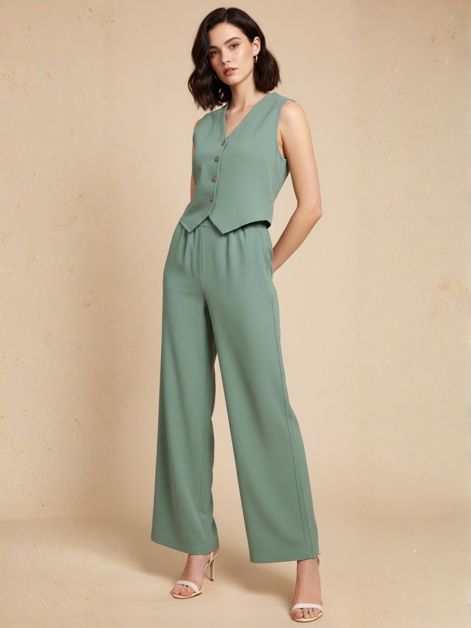 Green Button Down Vest And Pant Co-Ord Set