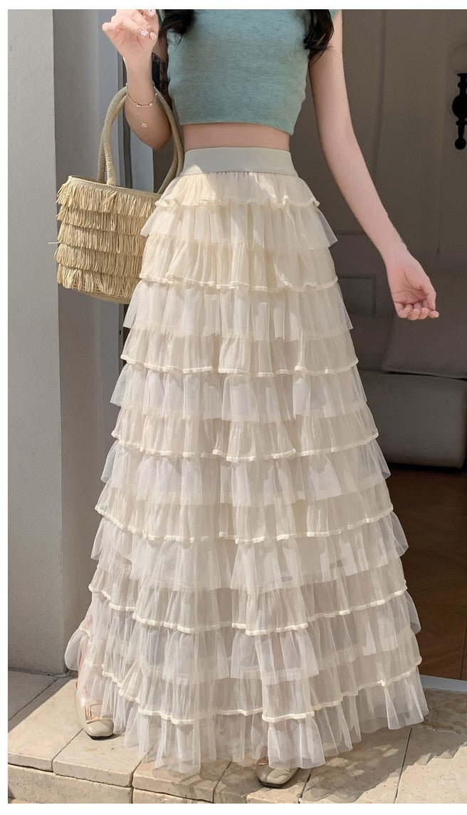 Cream Multi Ruffled Tiered Maxi Skirt