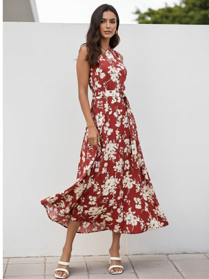 Red One Shoulder Printed Dress