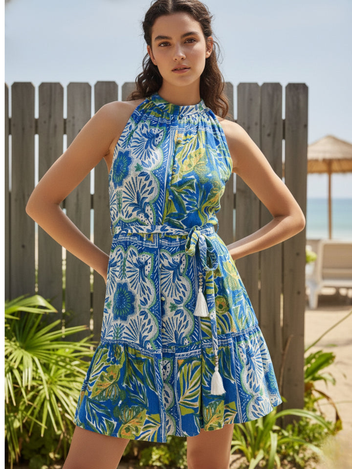 Blue Mini Printed Dress With Belt Detail