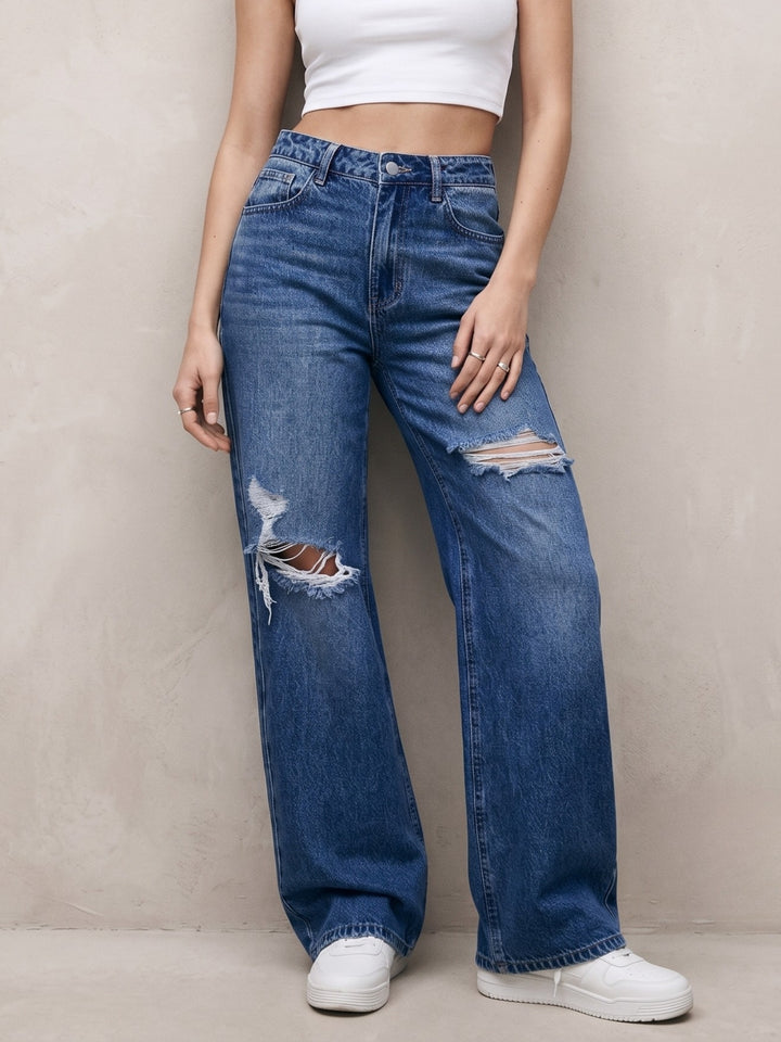 Black Knee And Thigh Distressed Baggy Jeans