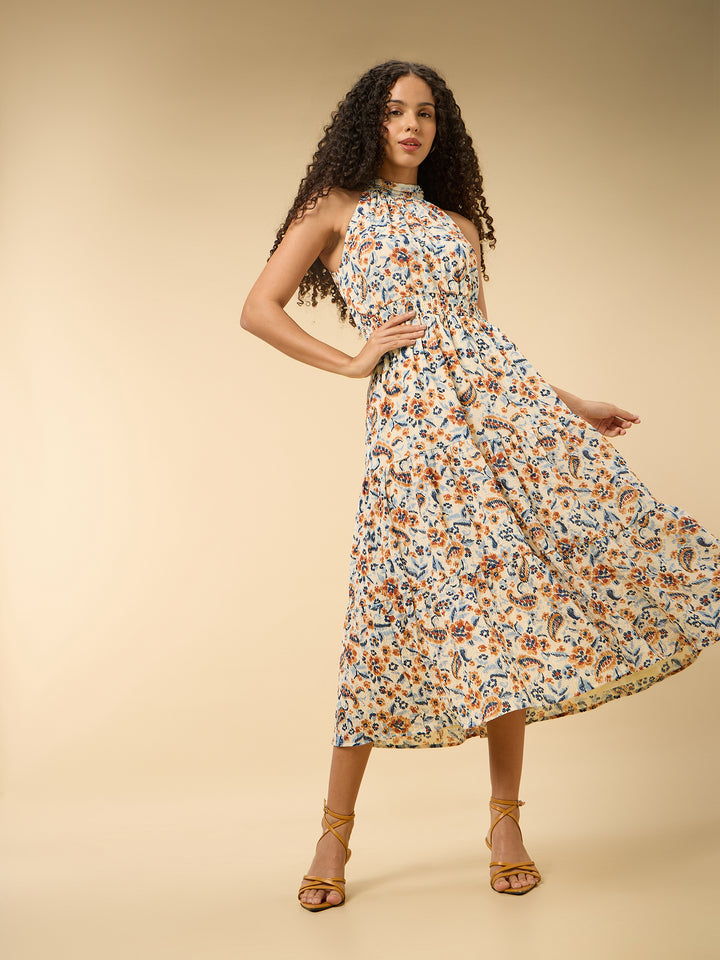 Multi Halter Neck Gathered Dress