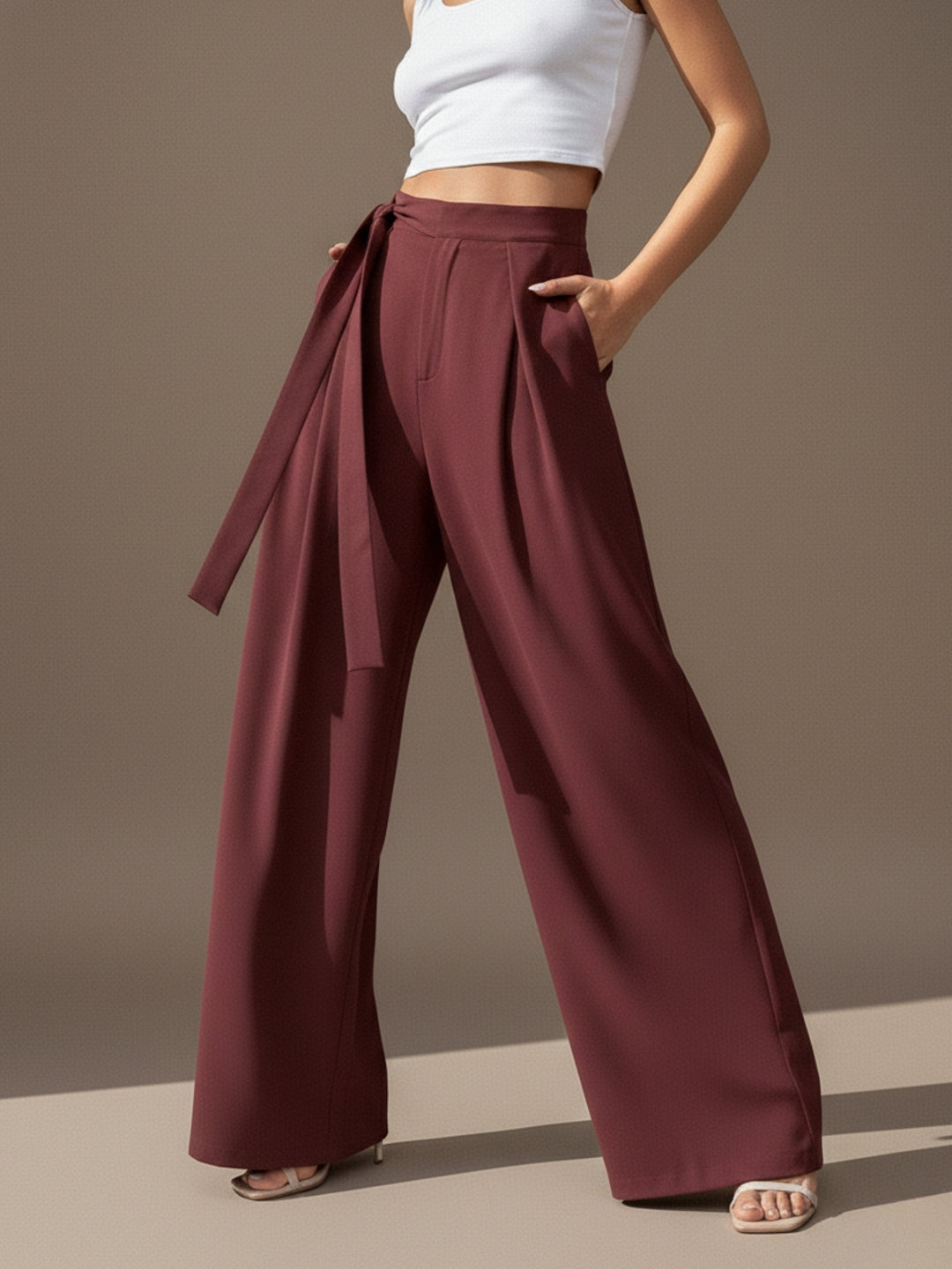 Maroon High Waist Front Pleated Pant
