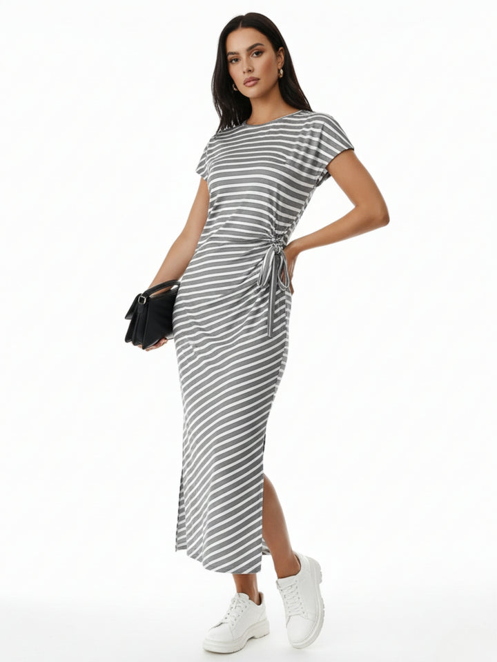 Grey Short Sleeve Waist Knit Detail Striped Dress