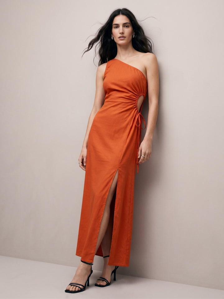 Rust One Shoulder Dress With Slit And Side Tie Up Detail