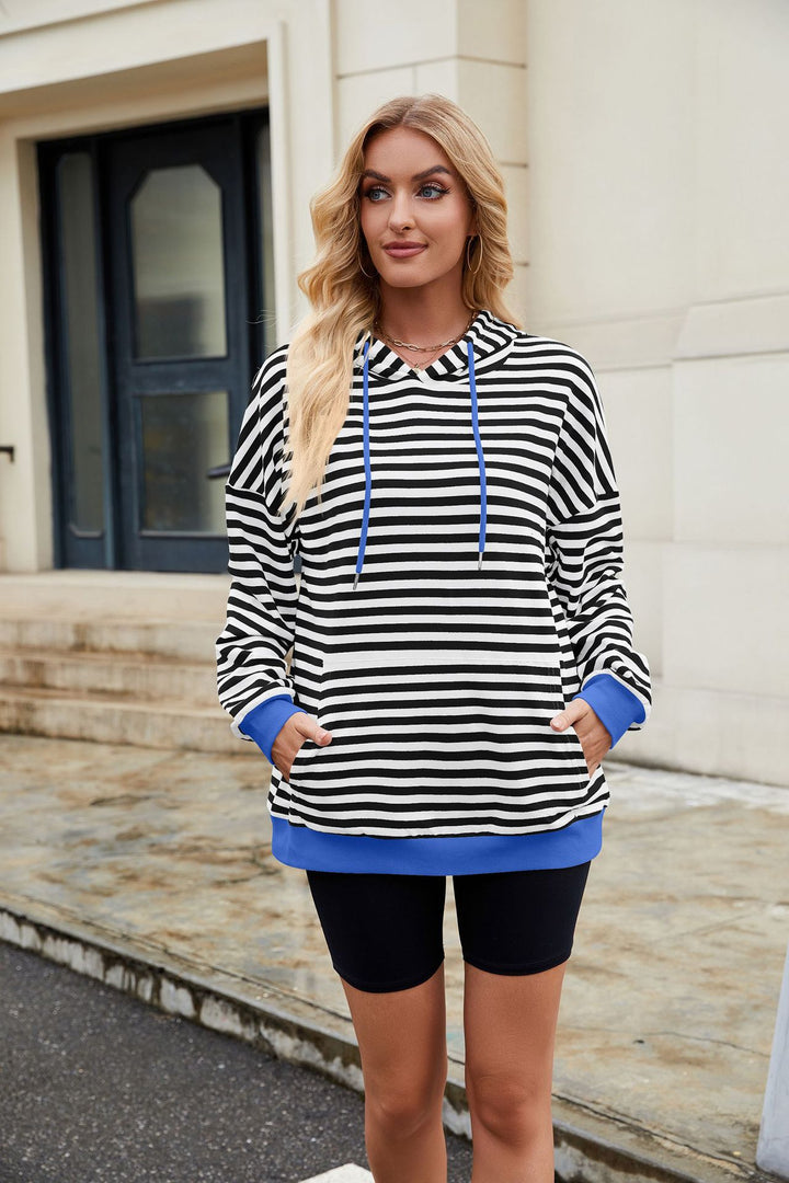 Blue Full Sleeve Stripes Hooded Sweatshirt