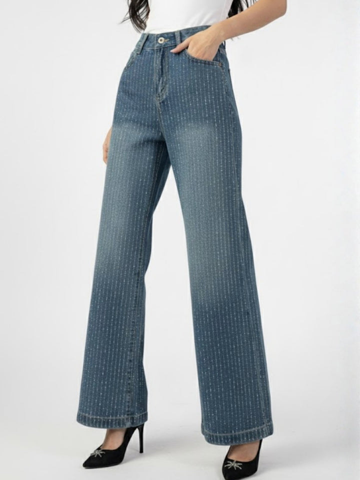 Blue High Waist Wide Leg Studded Jeans