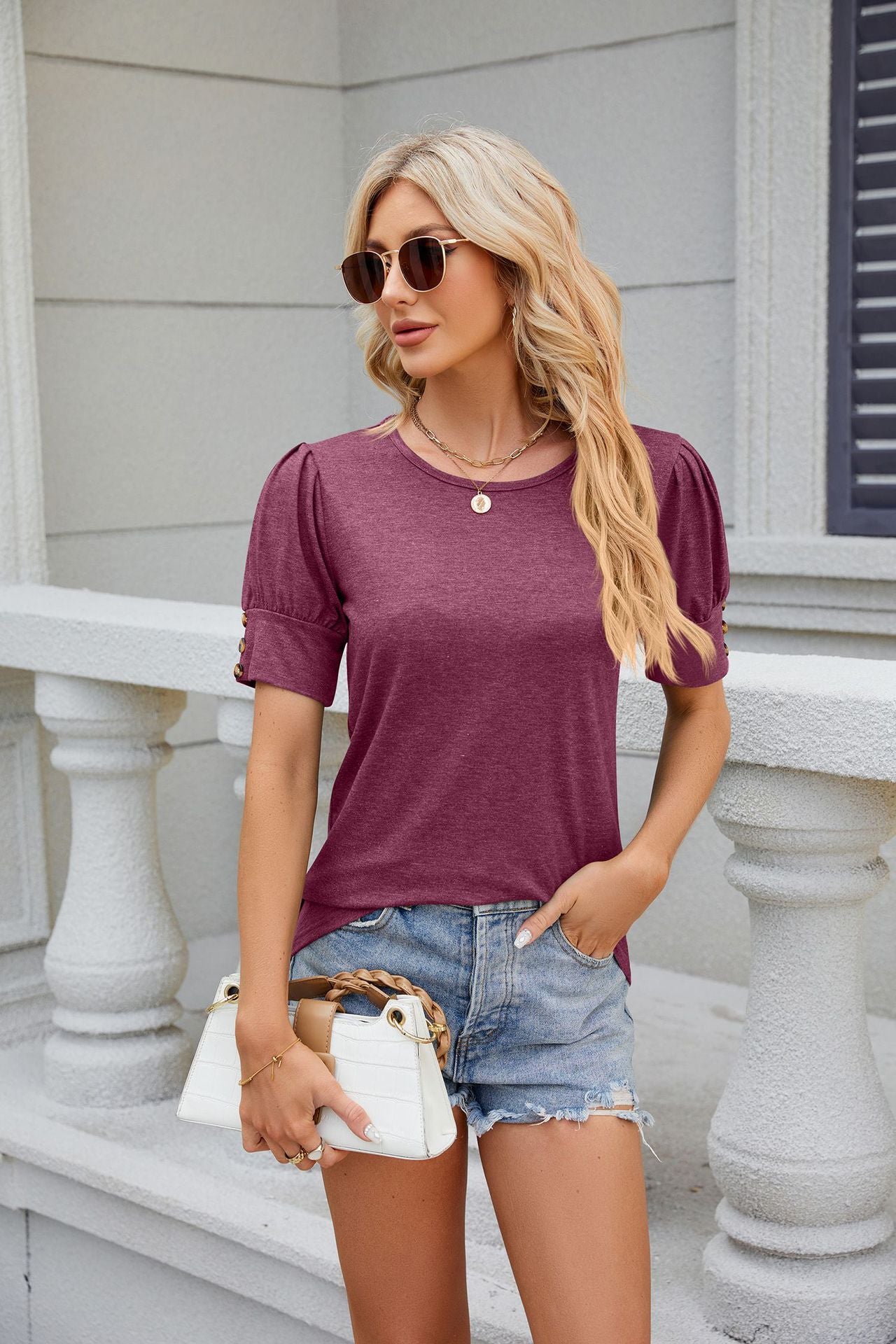 Mauve Puff Sleeves Round Neck Top