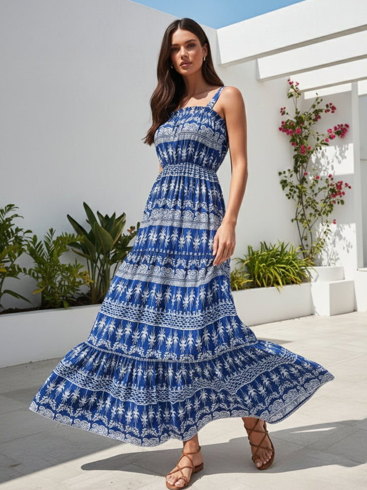 Blue Spaghetti Strap Printed Dress