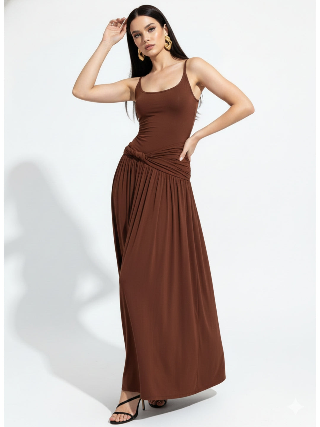 Brown Spaghetti Strap Flared Dress
