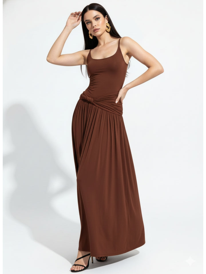 Brown Spaghetti Strap Flared Dress