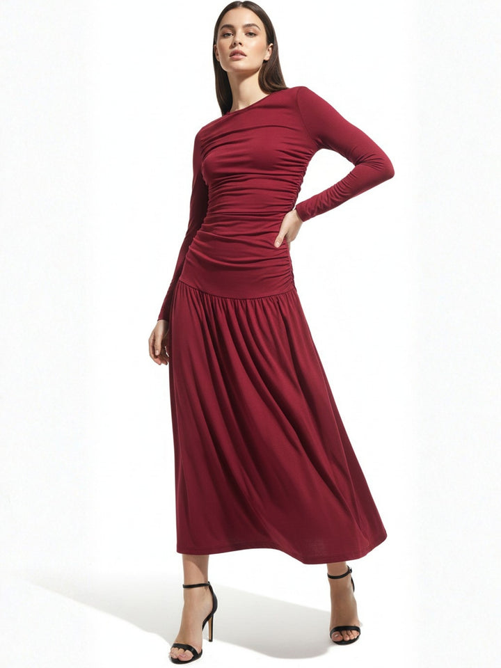 Red Fitted Waist Solid Flared Hem Dress
