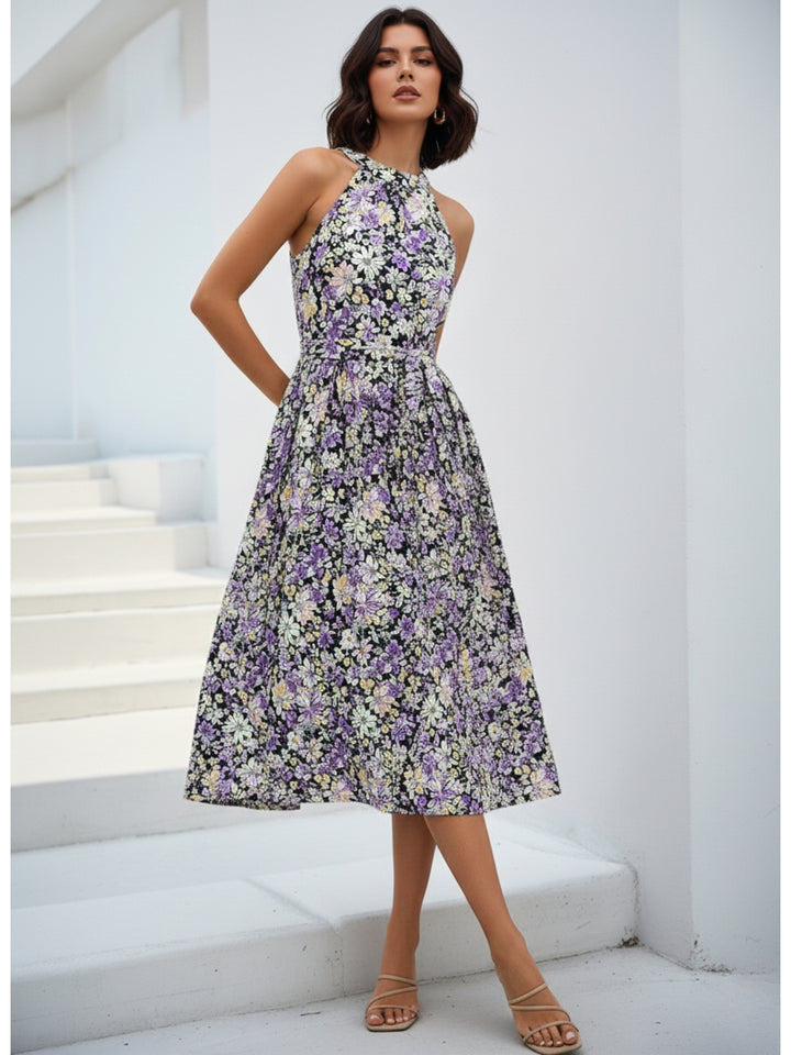 Multi Halter Neck Printed Waist Tie-Up Dress