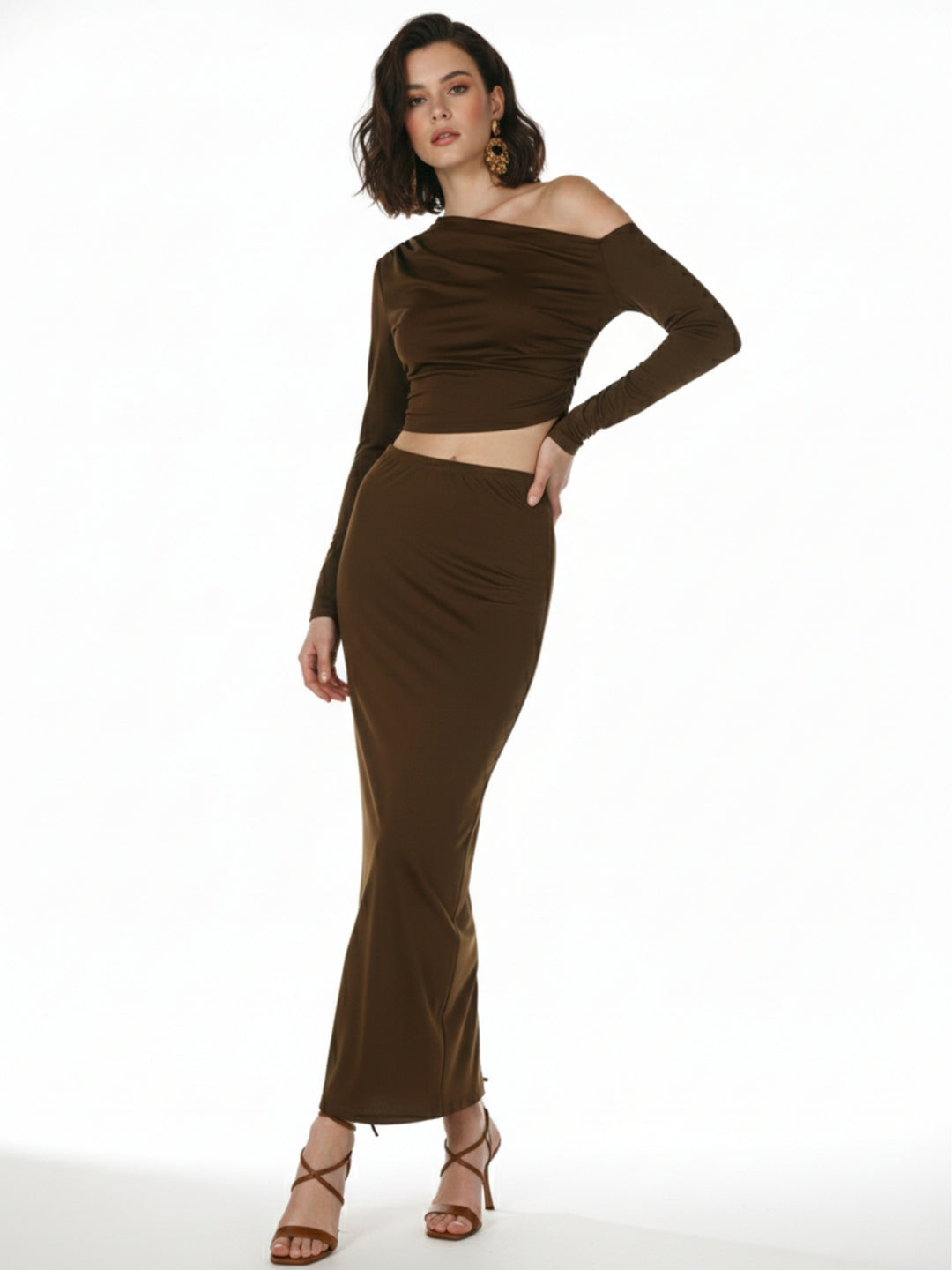 Brown One Shoulder Top And Skirt Set